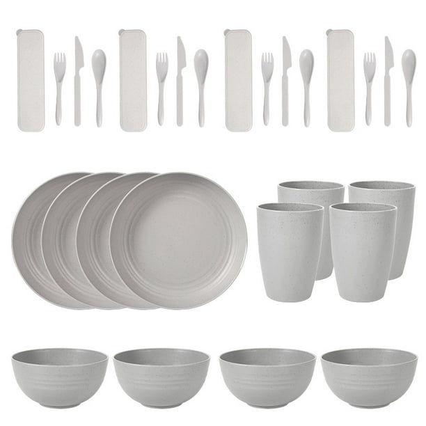 Nvzi 28pcs Wheat Straw Dinnerware Sets for 4 - Lightweight Unbreakable - Microwave Dishwasher Safe - Perfect for Picnic, Dorm,Camping Plates Cups and Bowls Set -Grey