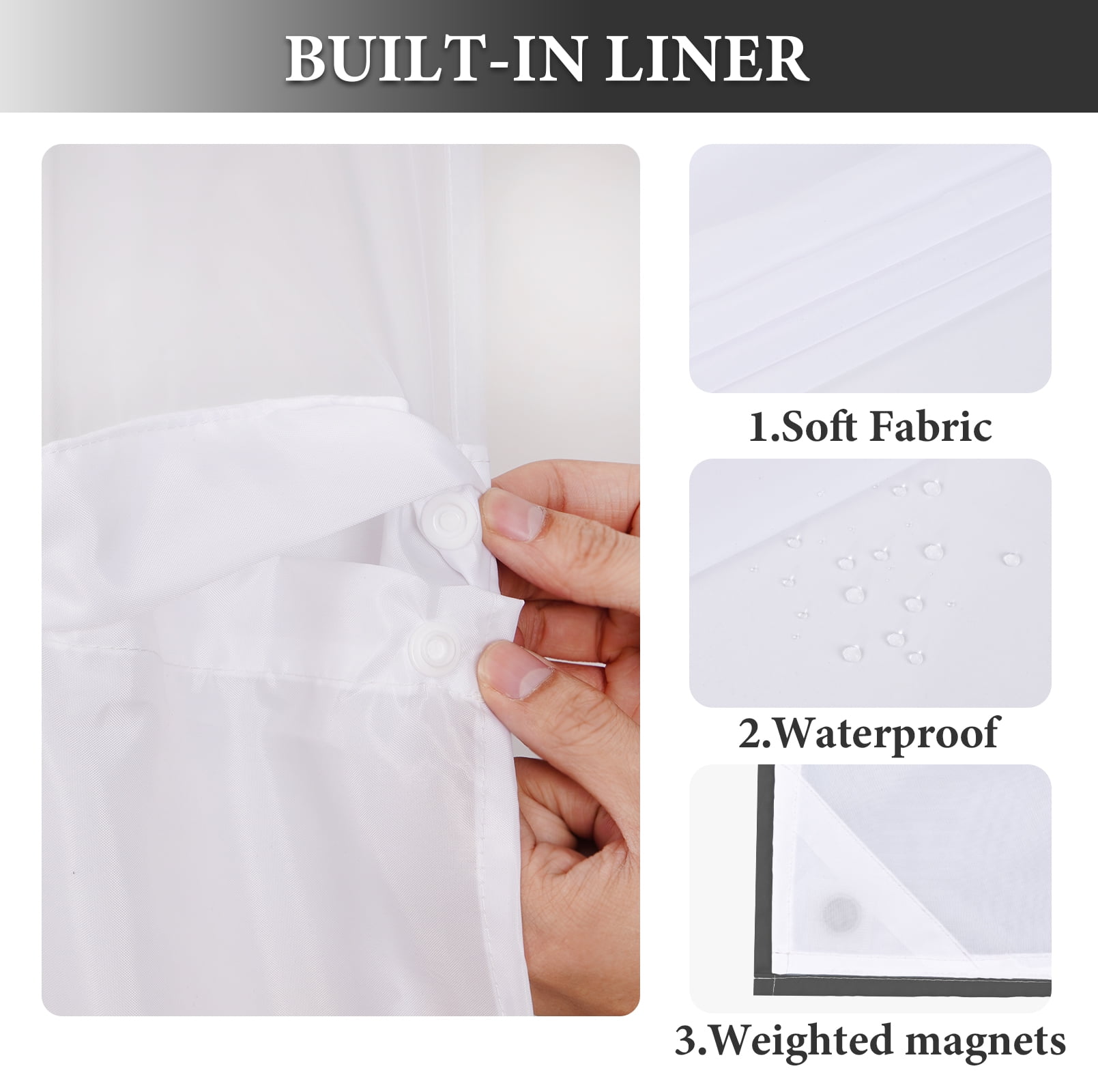 Ikfashoni Hookless Shower Curtain with Snap in Liner, Gray Gradient No Hook Waterproof Ombre Bath Curtain, 71"X74"