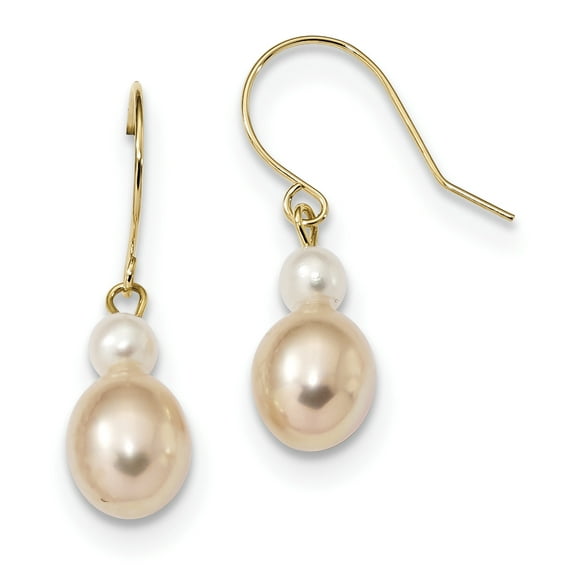 Primal Gold 14 Karat Yellow Gold 7-8mm White/Pink Round/Rice Freshwater Cultured Pearl Dangle Earrings