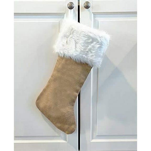 Fennco Styles Rustic Burlap White Faux Fur Trim Christmas Stocking