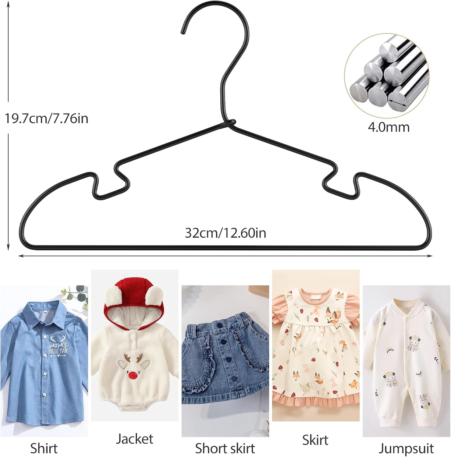 Black Aluminum Hangers, 12.6 Inch Kids Baby Hanger, Sturdy Metal Kids Hanger for Wardrobe, Space Saving Toddler Hangers (30 pcs)