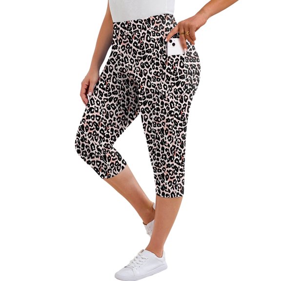 Women Plus Size High Waisted Capri Yoga Leggings with Pockets, Tummy Control Cropped Workout Pants for Gym & Running, Fancy Peachy Leopard, Size 5X