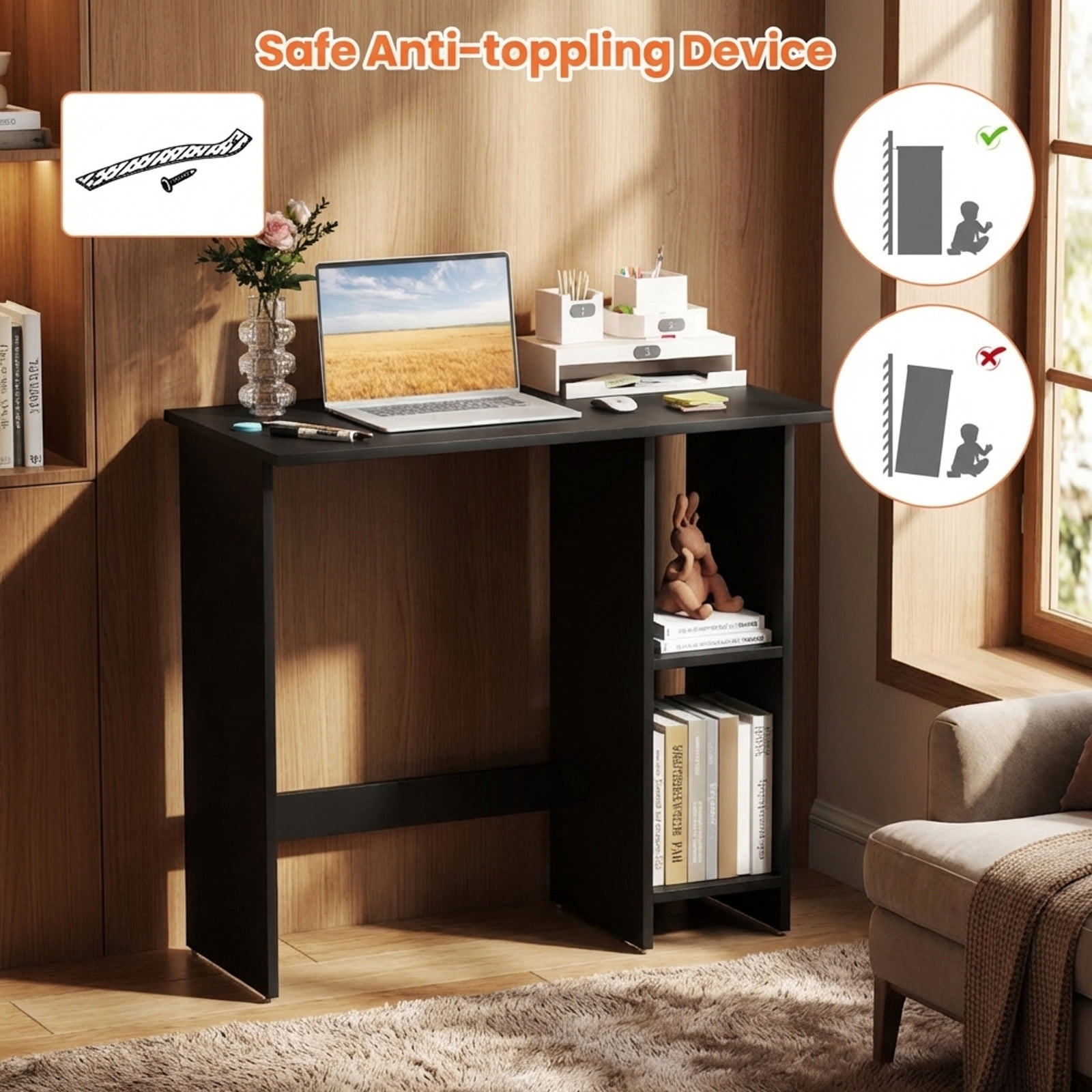 Furnibear Small Computer Writing Desk with 3-Position Adjustable Storage Shelf, Anti-Toppling Device and Reinforced Crossbar Black
