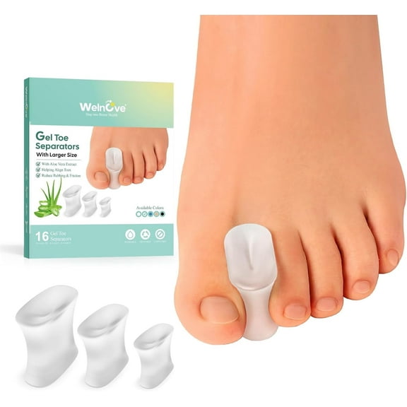 Welnove Gel Toe Separators Aloe Vera Infused Silicone Bunion Corrector 3 Sizes Toe Spacers for Big Toe Relieve Bunion Pain Correct Overlapping Toes Washable & Reusable for Men & Women (16 Pack)