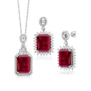 Gem Stone King 925 Sterling Silver Red Created Ruby Pendant and Earrings Jewelry Set For Women (25.10 Cttw, Emerald Cut 14X10MM, Gemstone, with 18 inch Chain)