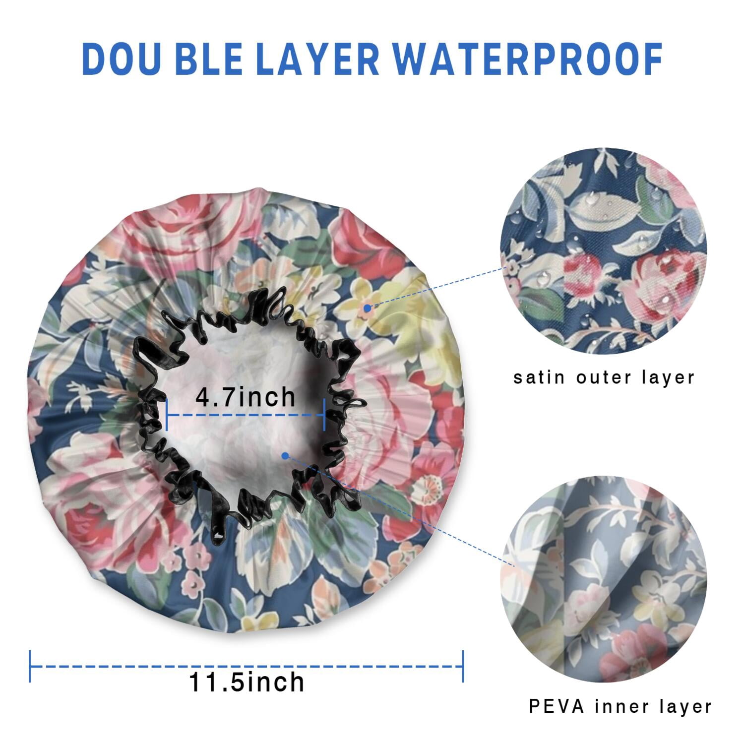 Shower Caps,Pioneer Flower Floral Print Pattern Waterproof Shower Cap for Women 4 Pieces,Double Reusable Hair Cover for Shower PEVA Elastic Stretch Hem