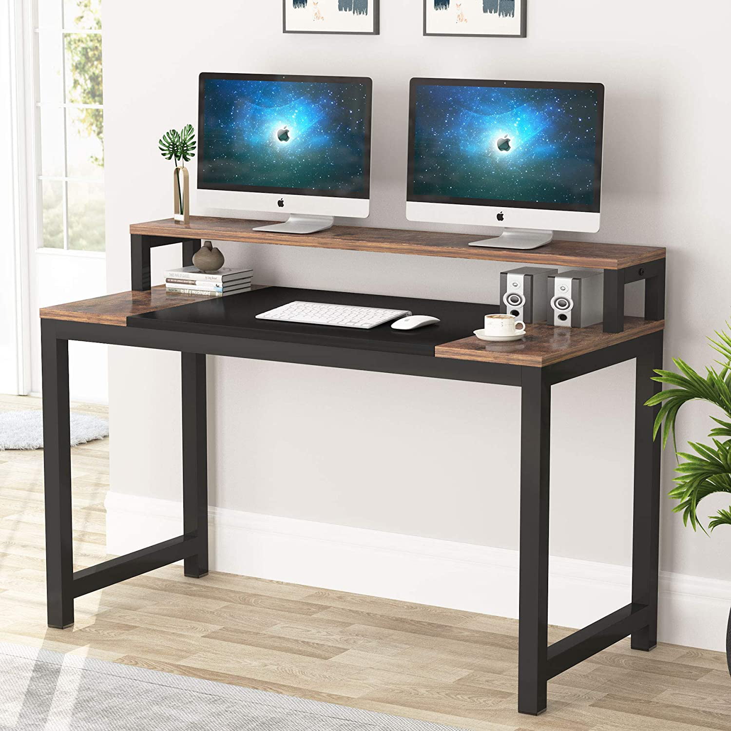 2 Shelves for Home Office Bedroom Easy To assemble Tribesigns Computer Desk Industrial Writing Desk for Study Computer Workstations PC Desk Table with Metal Frame Living Room Black