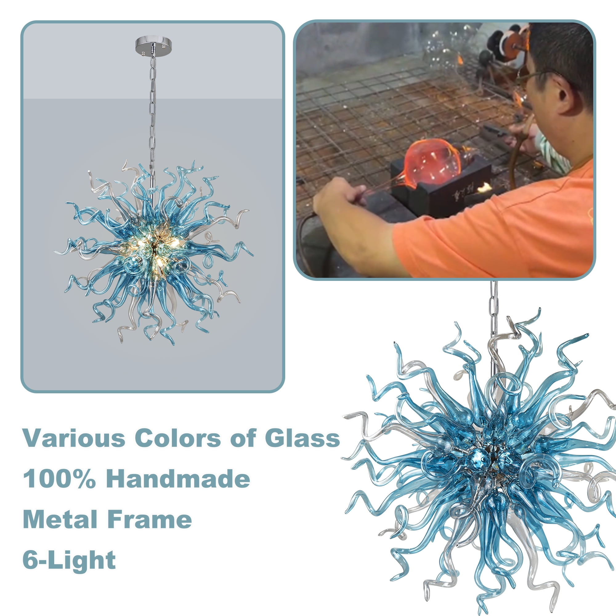 Longree Modern Adjustable Height 6-Light LED Chandelier, Blue Blown Glass Pendant Lights-28"Dia