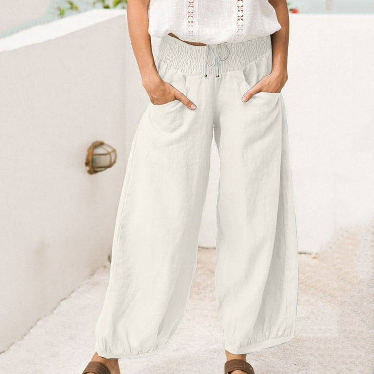 Zodggu Womens Summer Casual Loose Baggy Pockets Pants Fashion Playsuit  Trousers Overalls Cotton And Linen Pants Gifts for Women Trousers 2023  Joggers Female Fashion White 6 