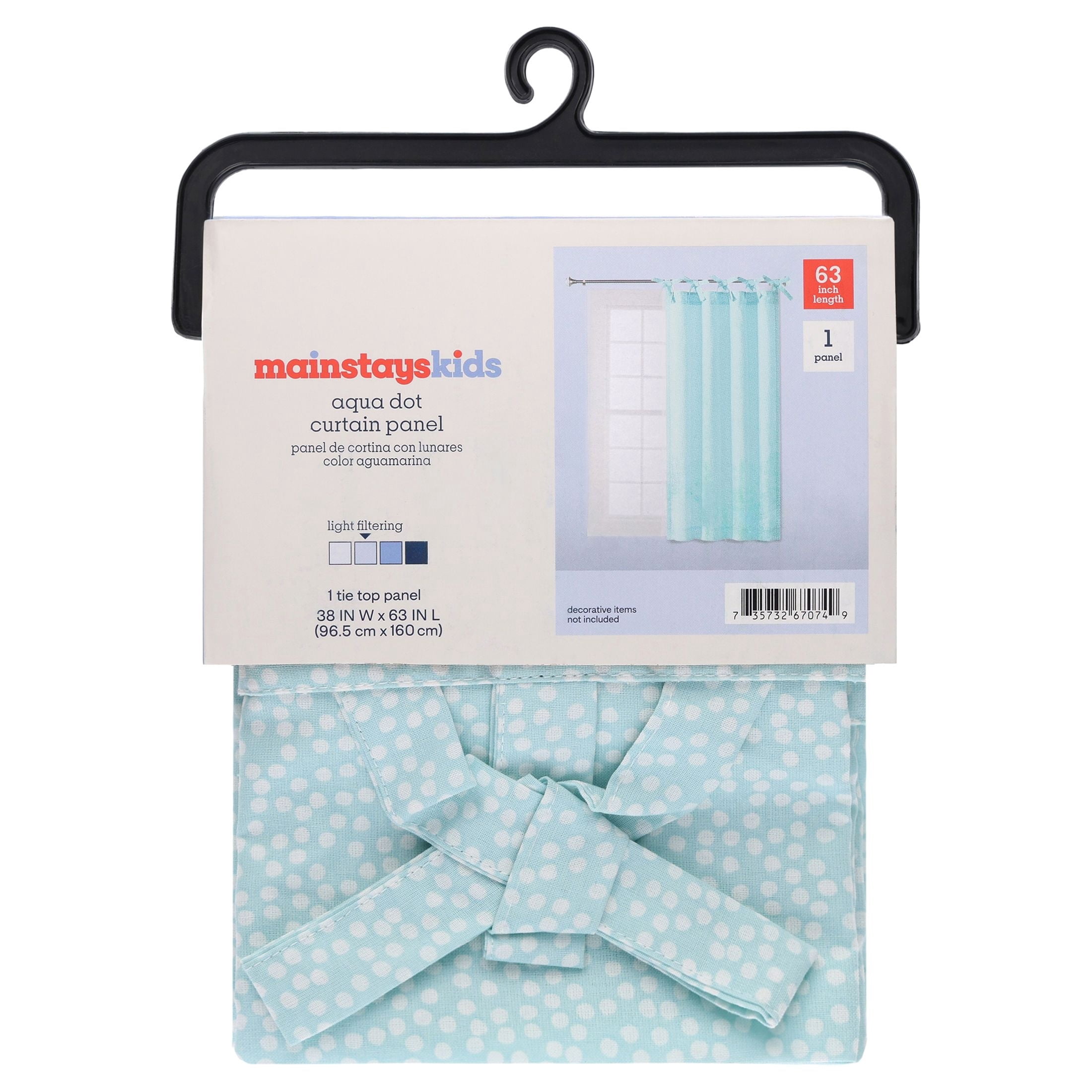 Mainstays Kids Aqua Blue Dotted Light Filtering Tie Top Single Curtain Panel, 38" W x 63" L