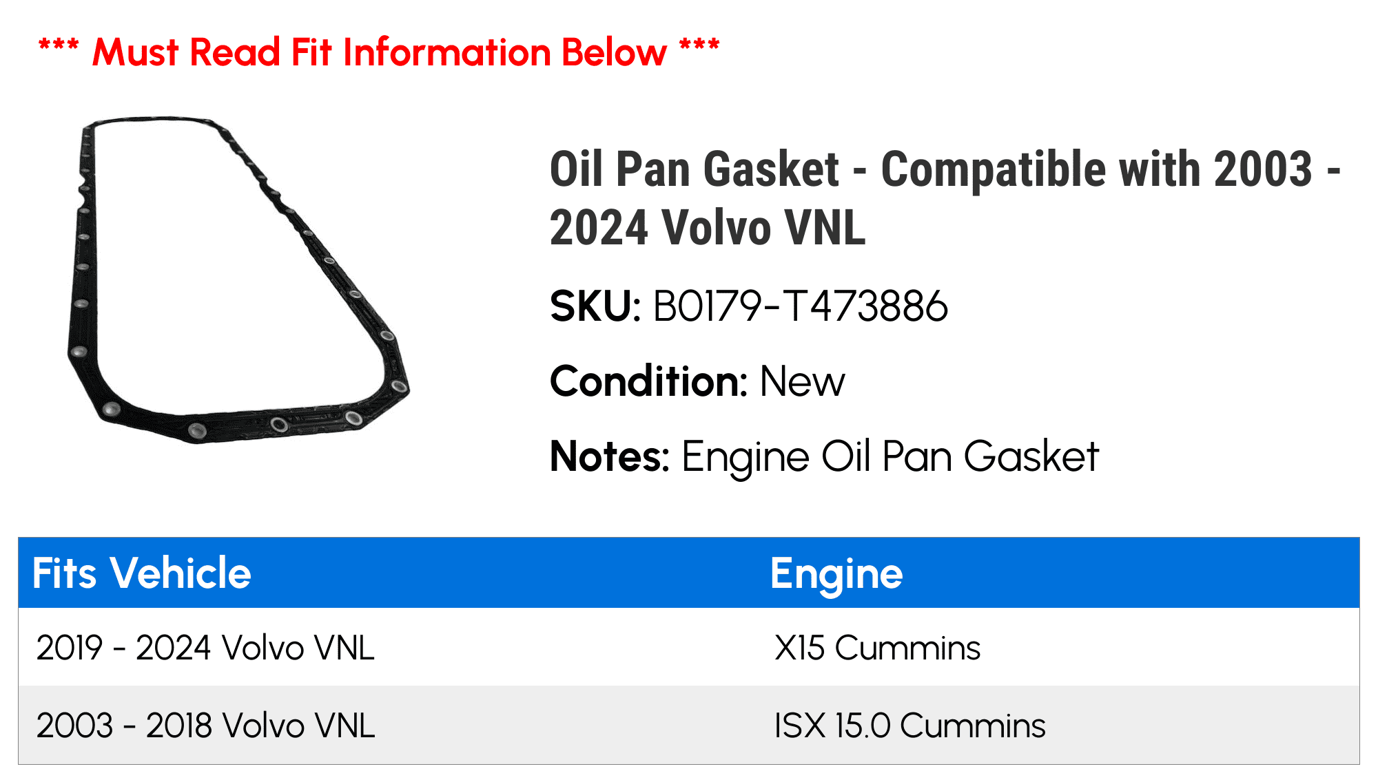 Oil Pan Gasket - Compatible with 2003 - 2024 Volvo VNL - Replacement