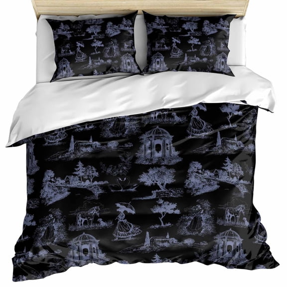 Farmhouse Country Bedding 3 Piece Duvet Cover Set Twin Size, Vintage Black French Garden Horse Swan Microfiber Comforter Cover with Zipper Closure & Pillowcases, Wrinkle & FadeResistant Quilt Cover