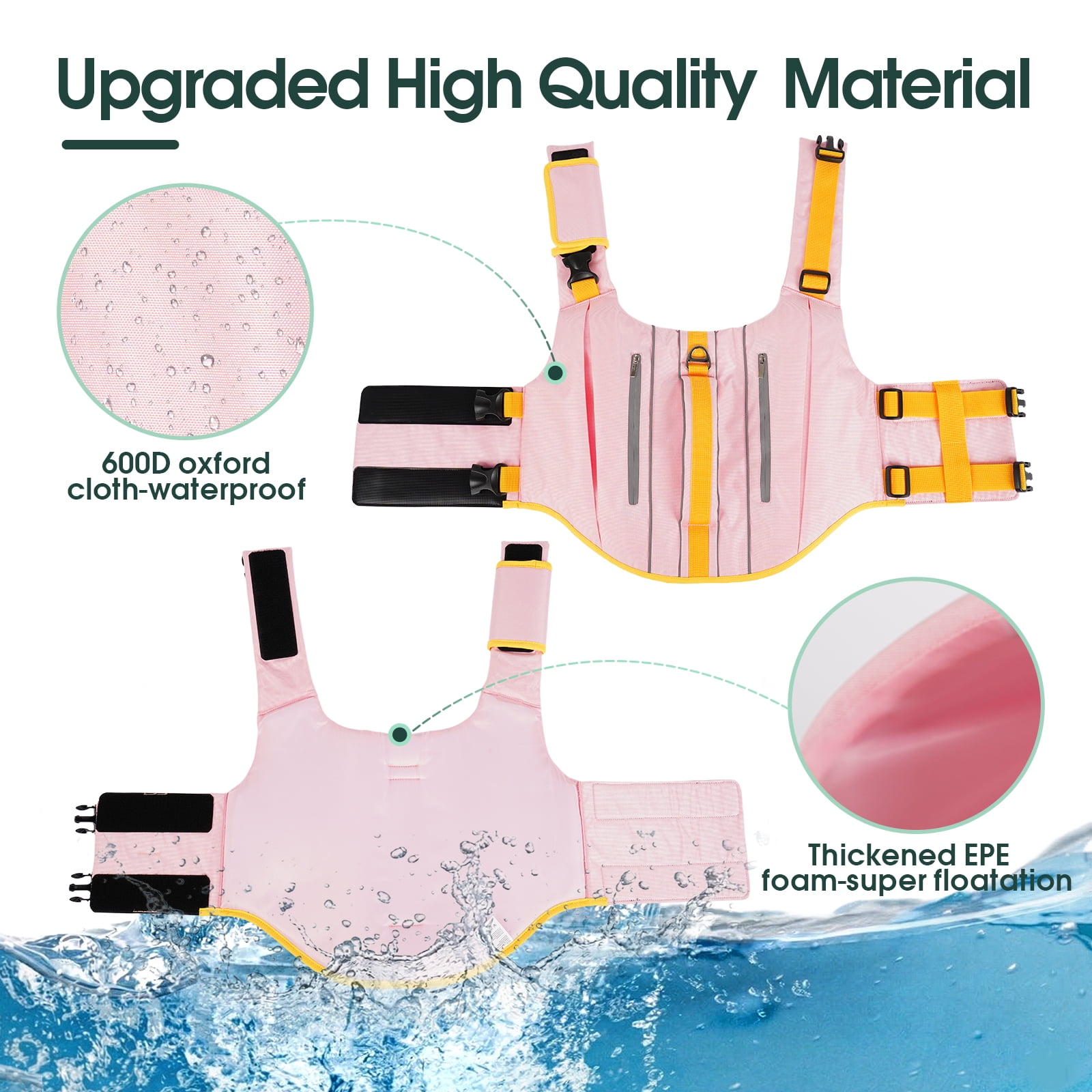 Kuoser Dog Life Jacket, High Flotation Dog Life Vest with Rescue Handle for Swimming Boating, Reflective Pet Safety Life Preserver for Small Medium Large Dogs, Pink, S