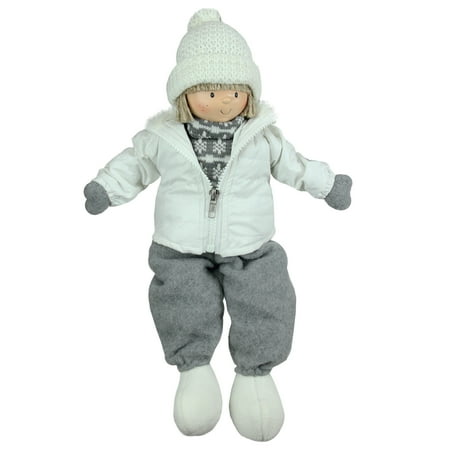 UPC: 0093422376310 | 16 inch White and Gray Joyful Sitting Boy Christmas Tabletop Decoration