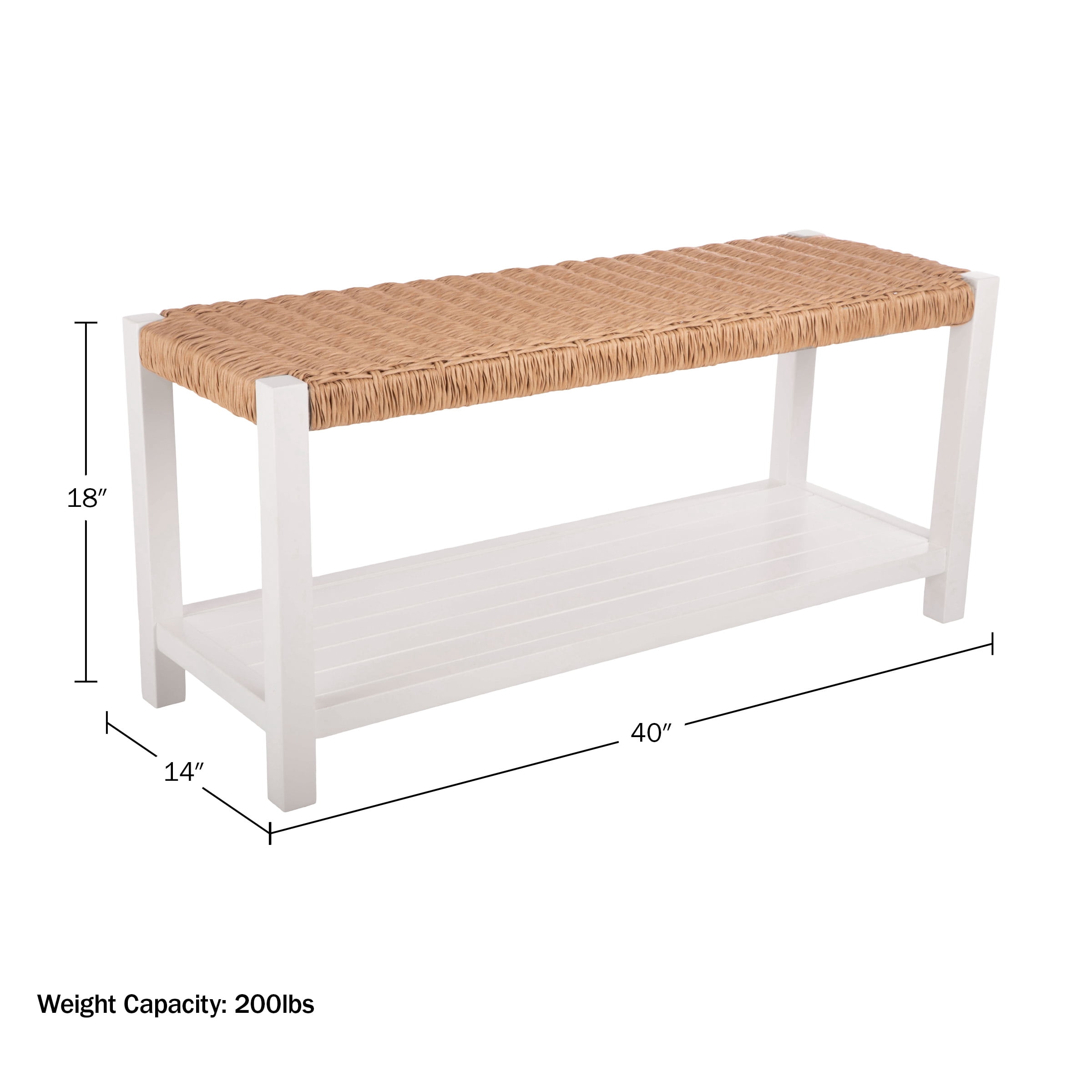 Alaterre Newport 40in Wood Bench with Rush Seat and Storage Shelf