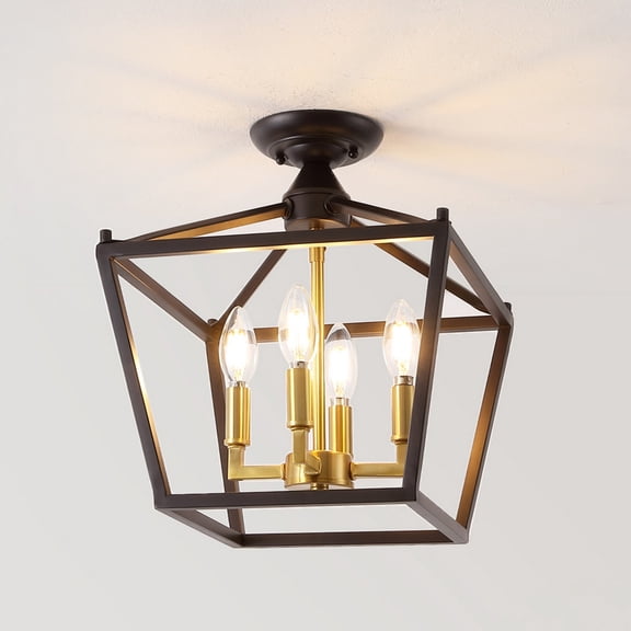 JONATHAN Y Plains Mini Lantern 12" 4-Light Iron Modern Farmhouse Pagoda LED Semi Flush Mount Lantern, Oil Rubbed Bronze/Brass Gold, JYL7610G