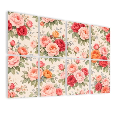 8 Pack Art Acoustic Panels Vintage Floral Rose Pink Red Orange Blooms Self Adhesive Absorbing Dampening Panels Self Adhesive for Nursery Game Room Bedroom 48 x32