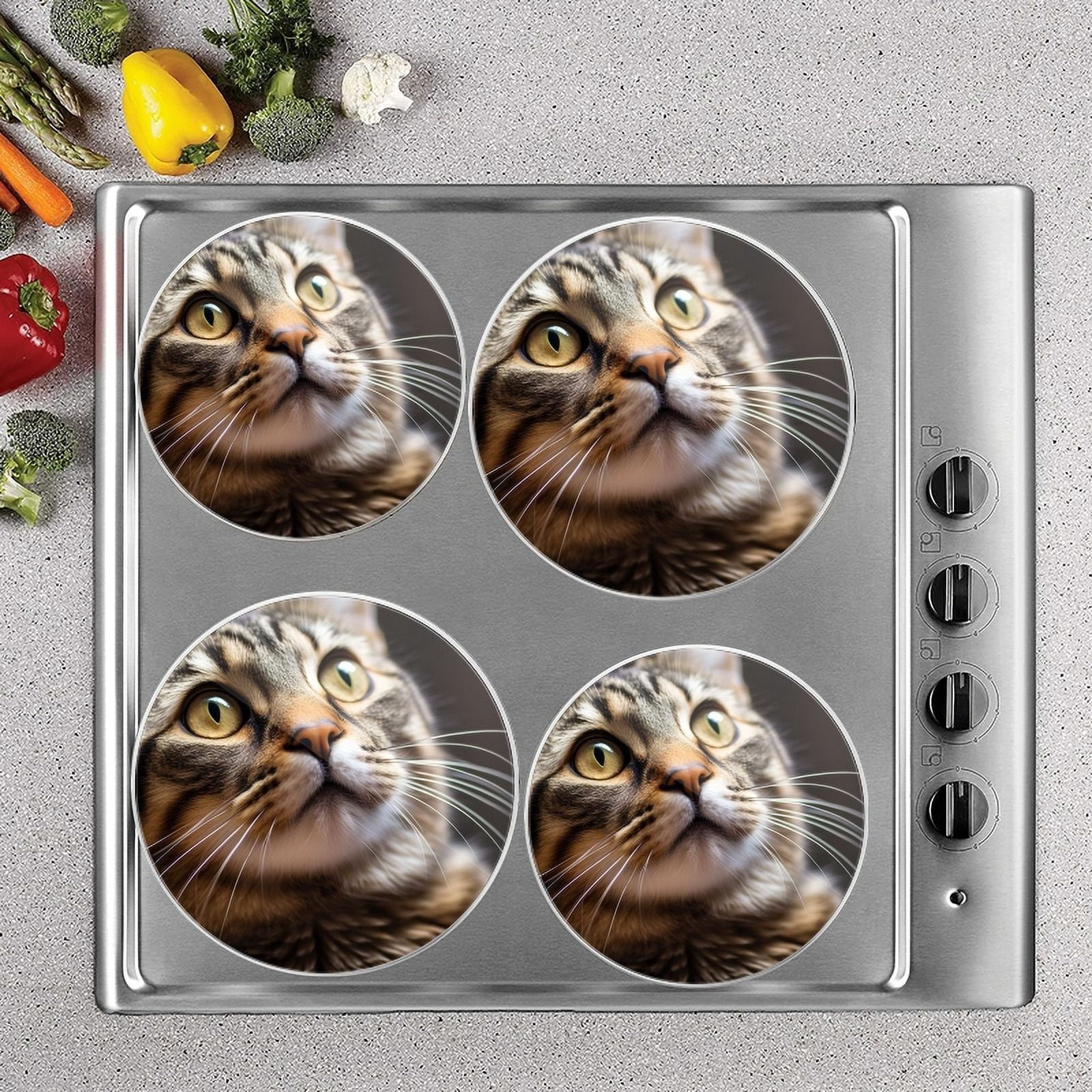 BaHomeck Electric Stove Burner Covers Set of 4,Round Metal Gas Stove Burner Covers 8 Inch and 10 Inch,Kitchen Decor,Shorthair Cat Gazes Upward Towards The Sky