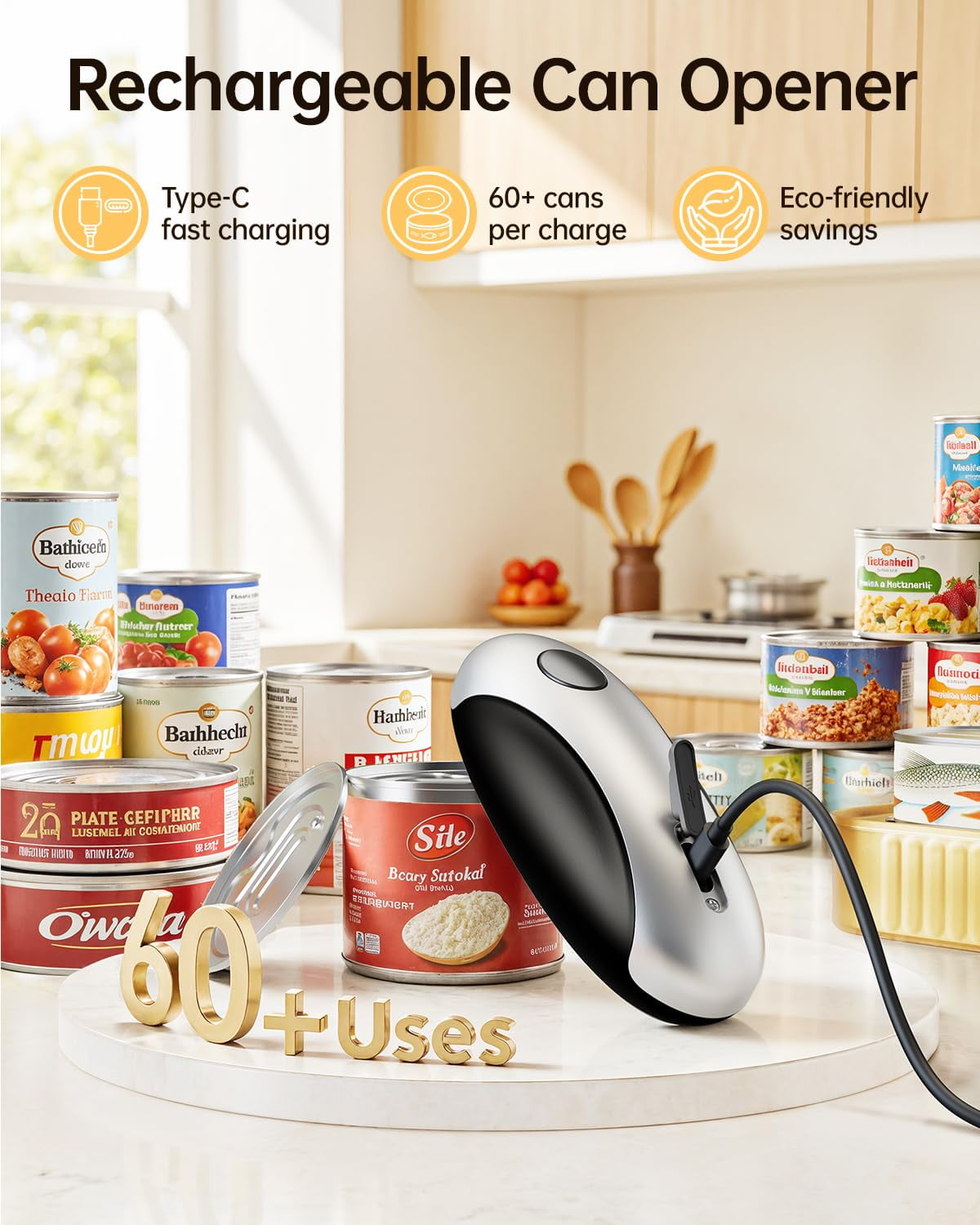 USB rechargeable electric can opener - battery-powered, one-button automatic operation, magnetic lid bracket and smooth edge cutting, cordless, convenient for the elderly to use, can be used with all