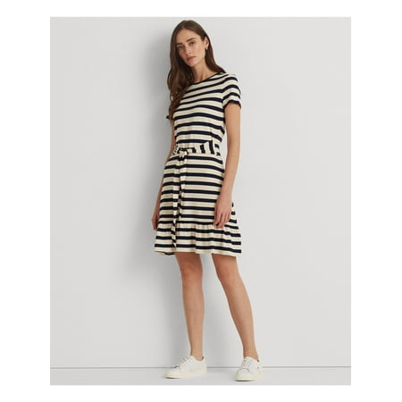 RALPH LAUREN Womens Navy Ruffled Tie Waist Unlined T-shirt Dress Striped Short Sleeve Crew Neck Above The Knee Fit + Flare Dress 14