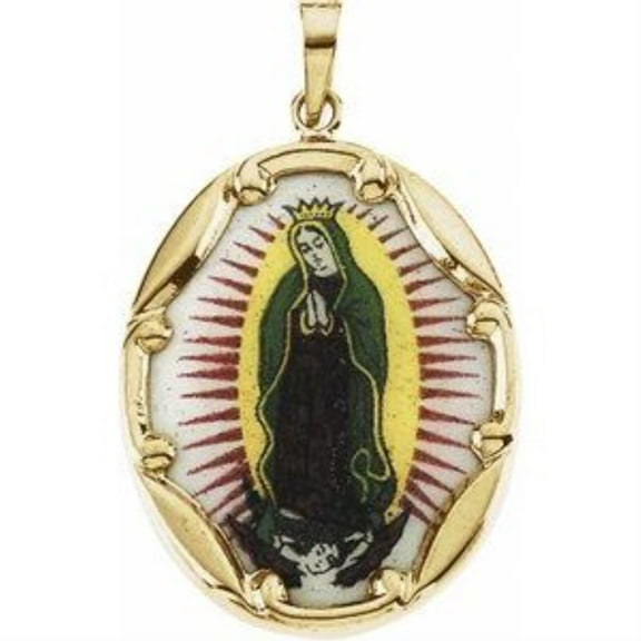 Auriga Fine Jewelry 14K Yellow Gold Our Lady of Guadalupe Hand-Painted Porcelain Medal Pendant for Women (L- 13 mm, W- 10 mm)