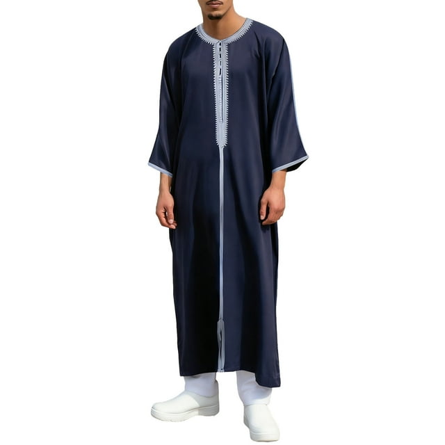 Chemise à Manches Longues Style Marocain pour Hommes, Thobe Musulman Brodé pour Hommes, Vêtement Islamique, Robe Décontractée à Col Rond pour Loisirs Quotidiens, Cadeau de Vacances