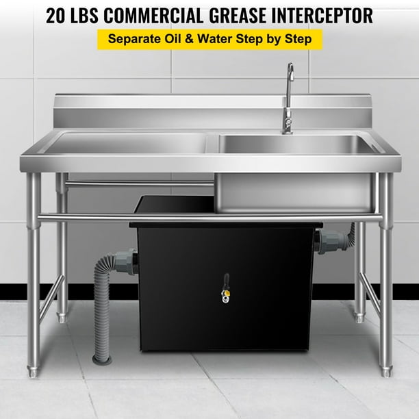 VEVOR Commercial Grease Interceptor 40 LB, Trampa de grasa de acero al carbono 20 GPM, Trampa de interceptor de grasa con entrada de agua lateral, Trampa de grasa debajo del fregadero para