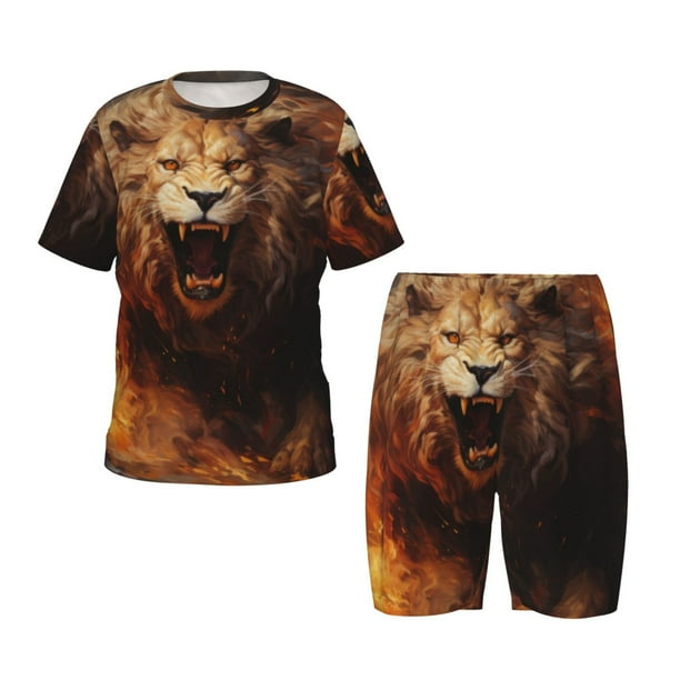 Balery Cool Fire Lion Conjunto de Pijama Infantil de Manga Corta con Estampado – Ropa de Dormir de Algodón Suave-XX-Large