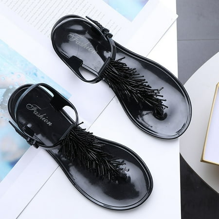 

Cathalem Solid Color Sandals Spring Summer Flops Flat And Beaded Fashion Women s Comfortable Summer Sandals for Women Comfortable Black 8.5