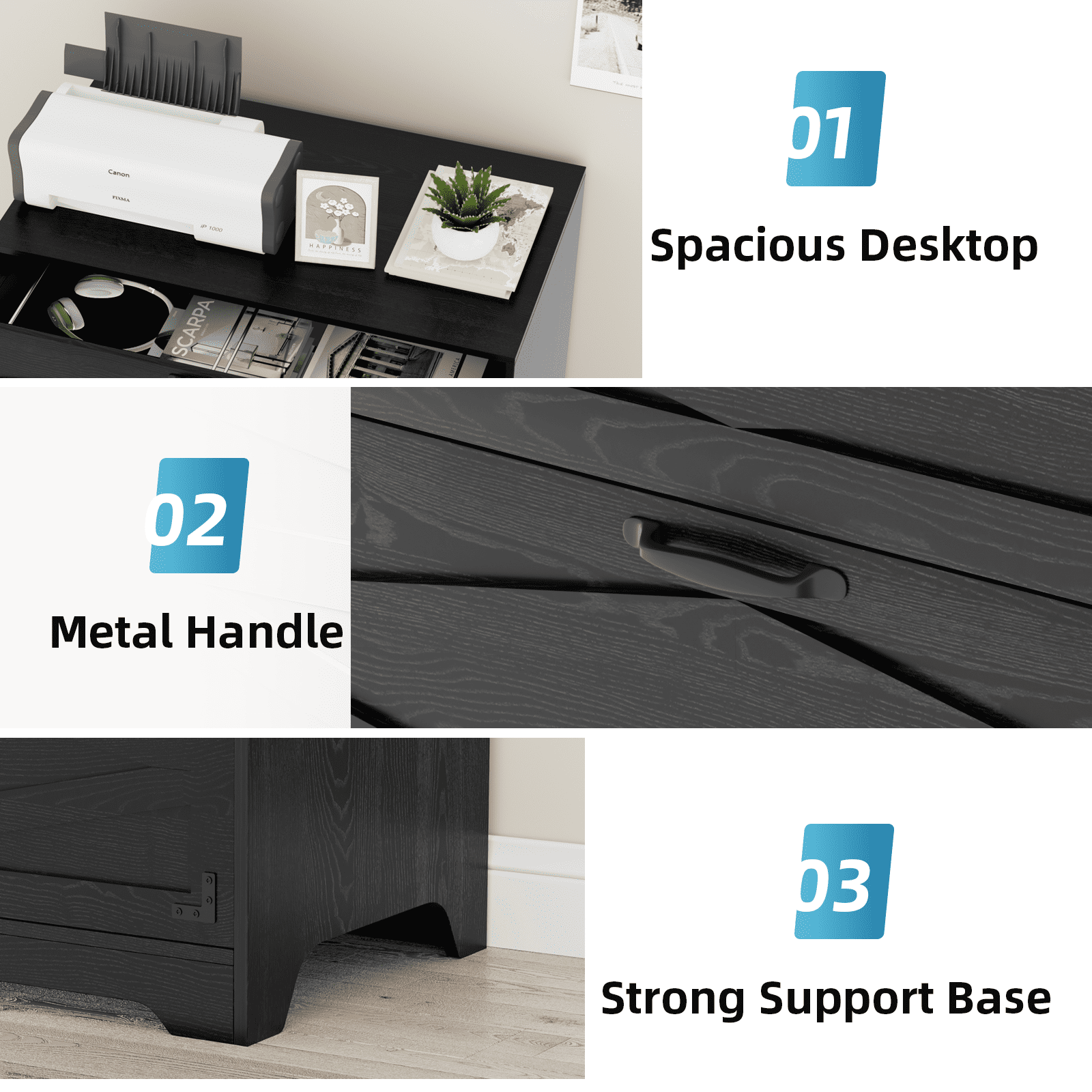 RichYa 2 Drawer Wood Lateral File Cabinet, Large Filing Cabinet for Home Office, Fits A4/Letter Size Files, Black