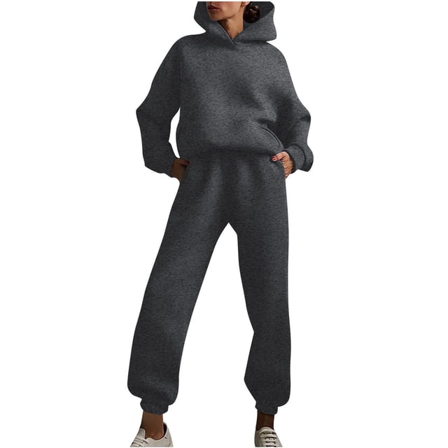 Timegard Sweatsuits for Women 2 Piece Outfits Hooded Solid Color Long Sleeve Pullover Tops Sweatpants with Pockets Set