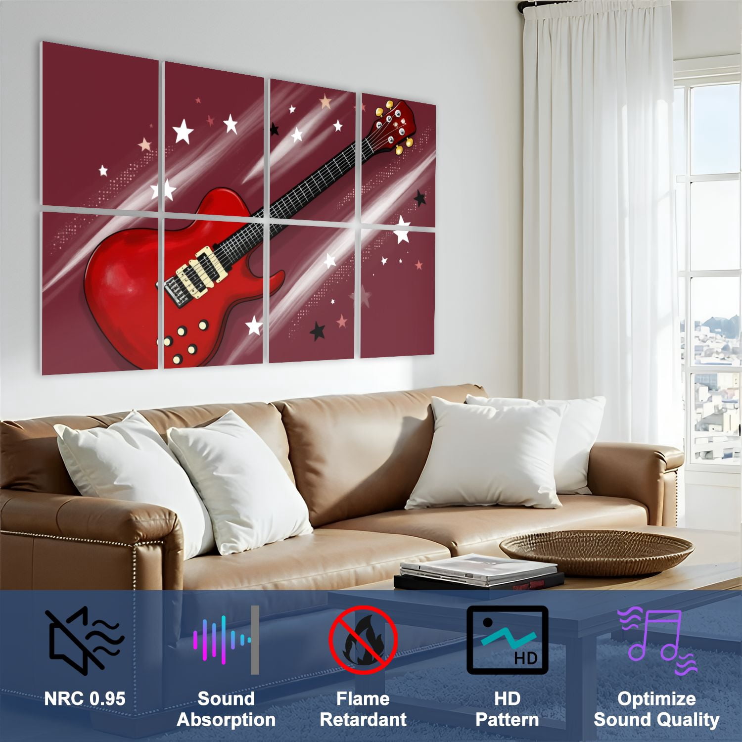 Musical 8 Pack Art Acoustic Panels Sound Absorbing Red Electric Guitar Stars Dynamic Light Streaks Decorative Soundproof Wall Panels Self Adhesive for Nursery Game Room Music Classroom 48"x32"