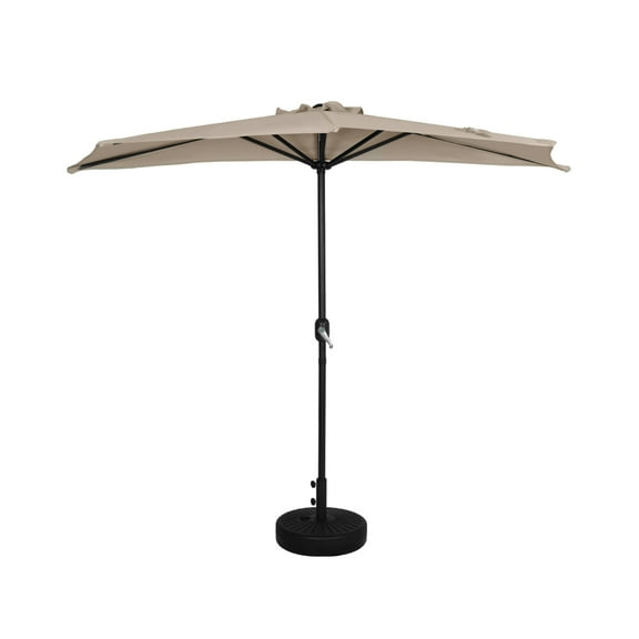 9 ft Half Market Umbella with Black Round Free Standing Plastic Base, Beige
