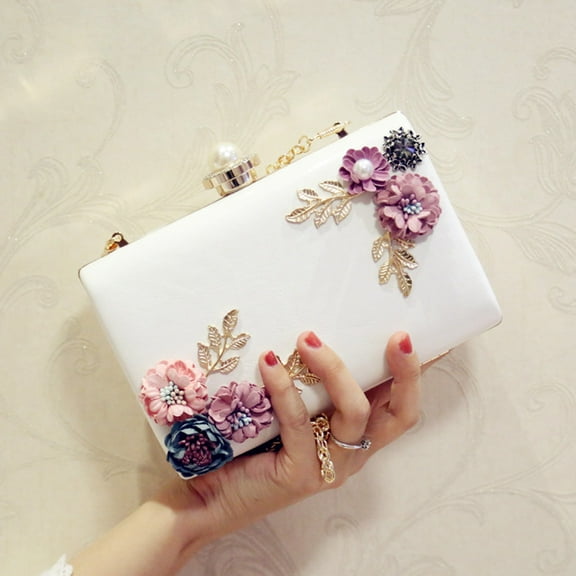 POPETPOP Fashion Women Leather Evening Bag Dinner Wedding Flower Clutch Purse(White) (Random flowers)