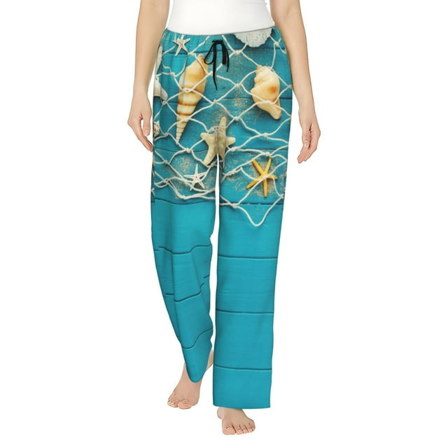 Balery Seashells And Fishing Net On Blue Wooden Table Pantalones de pijama para mujer, pijamas ultraligeros, pantalones de estar por casa-3X-Large