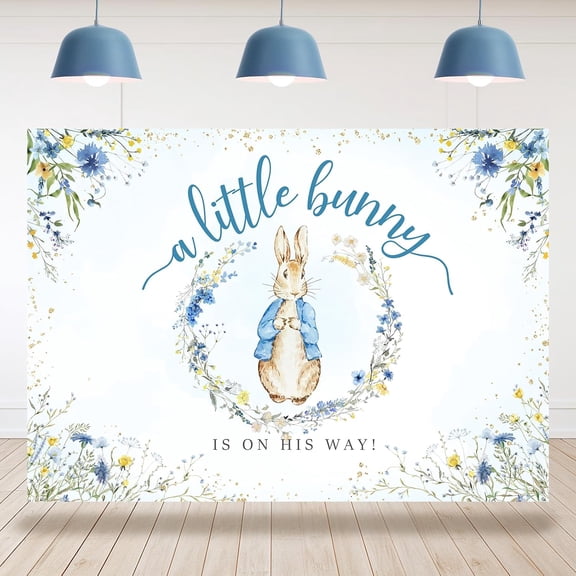 7x5FT Bunny Baby Shower Backdrop Blue Floral Leaves Easter Rabbit Birthday Background for Boy Newborn Baby Shower Party Decorations Banner Supplies Photo Booth Props