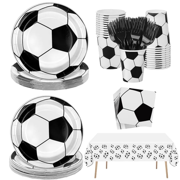 Soccer Party Supplies Decorations Set - 122pcs Football Theme Party Kit Includes Party Plates, Cups, Napkins, Forks & Soccer Party Tablecloth , Birthday Decor for Kids Adults Sports