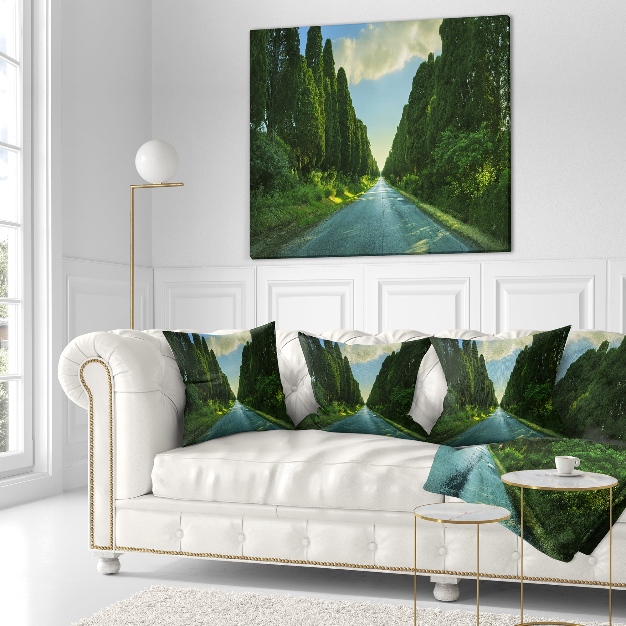 Designart Straight Cypress Trees Boulevard - Modern Landscape Printed Throw Pillow - 16x16