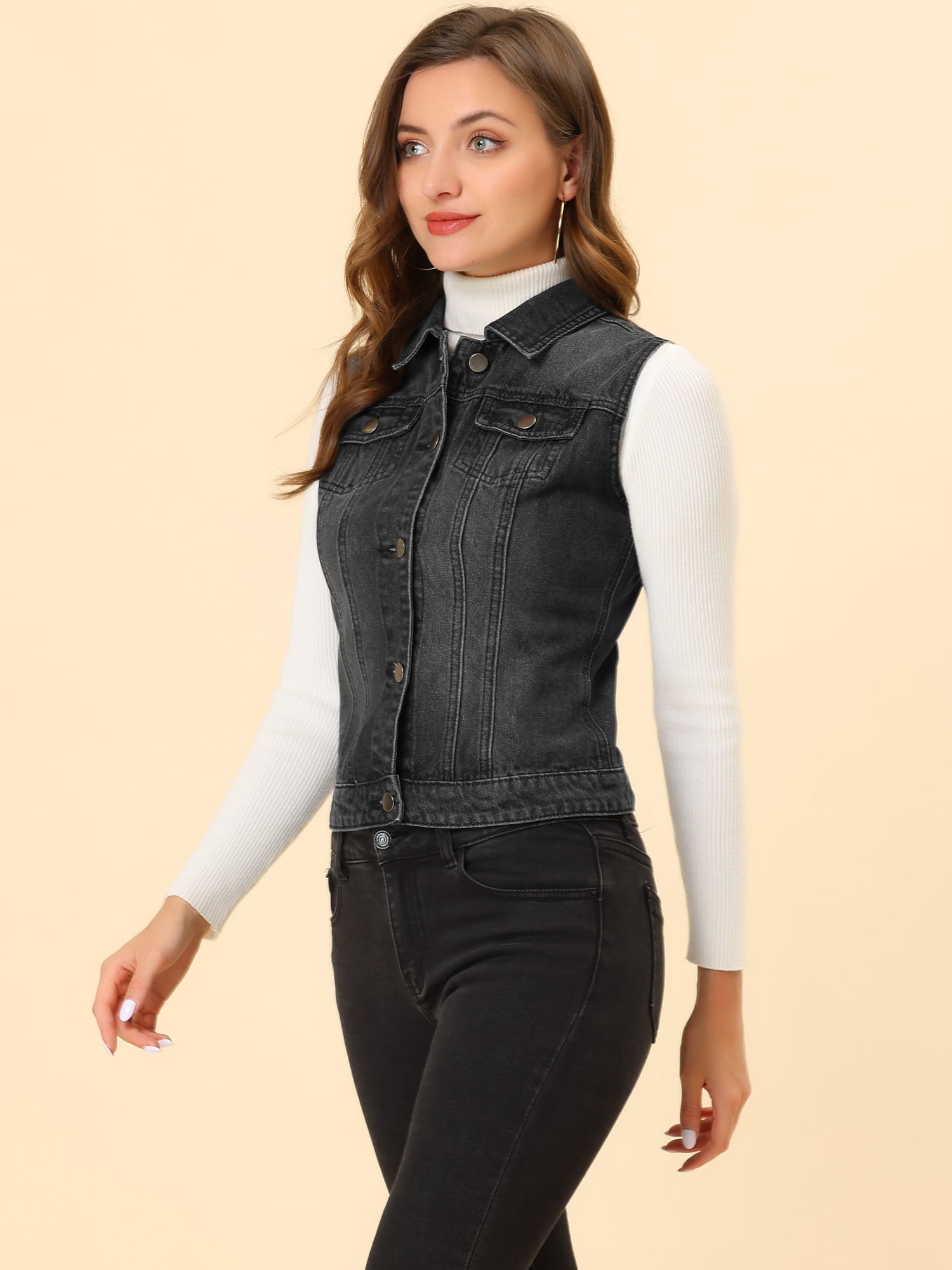 DARING DIVA Women's Denim Sleeveless Flap Pockets Vest Jacket 2XL Black