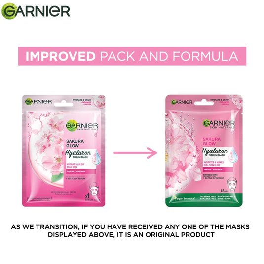 Garnier Skin Naturals, Sheet Mask, Hydrating & Increases Glow, Sakura Glow, 28g Each (Pack of 2)