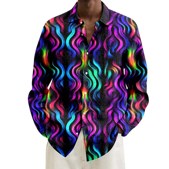 Hpapadks Mens Shirt Plus Size Carnival Digital Print Lapel Button Down Long Sleeve Blouses Loose Mens Dress Shirts Multicolour L