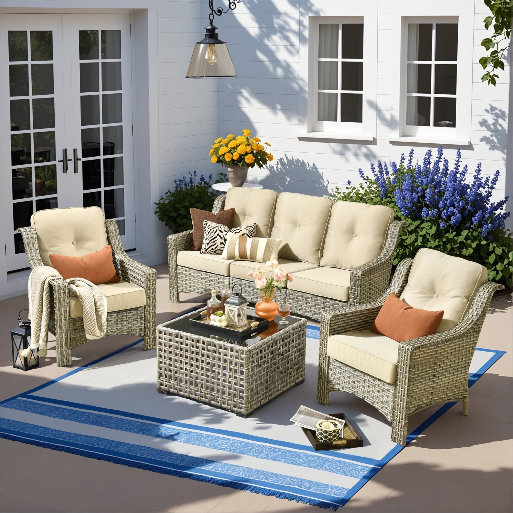 Vcatnet 4 Pieces Patio Outdoor Conversation Set High Back Wicker Rattan Furniture Outdoor Sectionals with Coffee Table, Beige