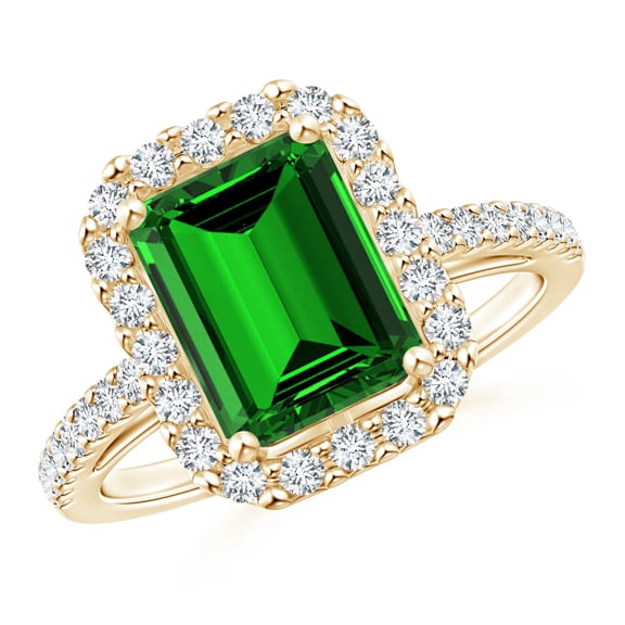 ANGARA Lab Grown 2.25 Ct Emerald-Cut Emerald Halo Ring for Women in 14K Yellow Gold (Size-9x7mm) | May Birthstone, Birthday, Anniversary, Jewelry Gift for Women | Lab-Grown Emerald Ring