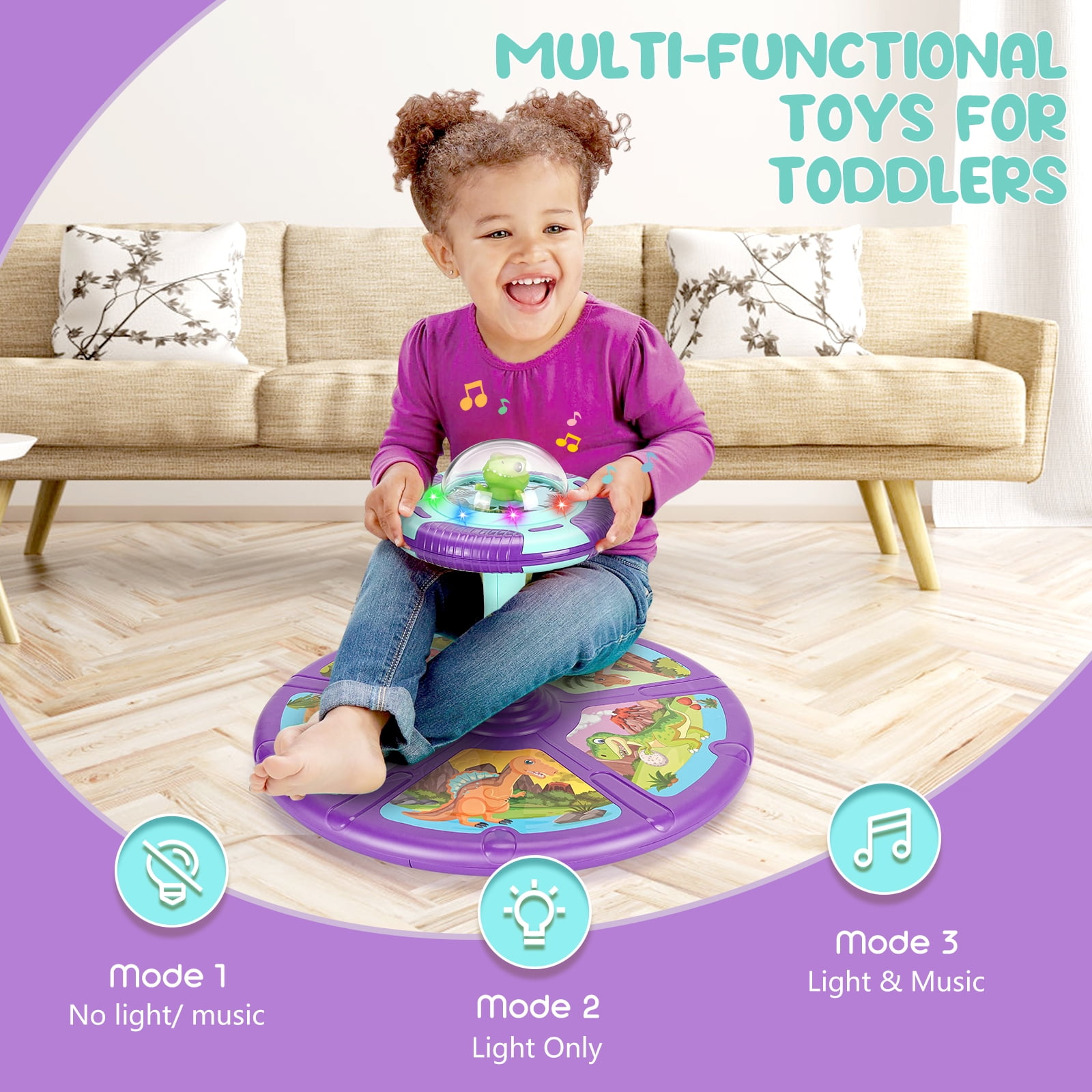Dinosaur Sit and Spin Toys for Toddler Boys Age 1 2 3 with LED & Music, Birthday Gift for Boy Girl Age 2-4, 18+ Months