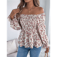 thumbnail image 7 of Women'S Plus Size Striped Off-Shoulder Long Sleeve Pleated Ruffle Tunic Top White L, 7 of 7