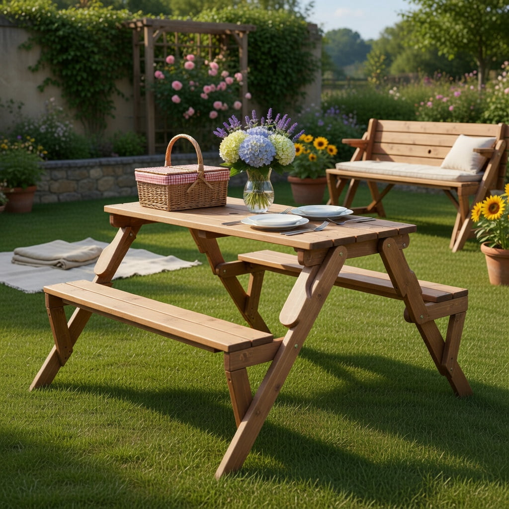 Hommoo 2-in-1 Transformable Wooden Picnic Table & Garden Bench with Umbrella Hole, Fir Wood Outdoor Furniture for Patio, Backyard, or Deck, Dark Brown