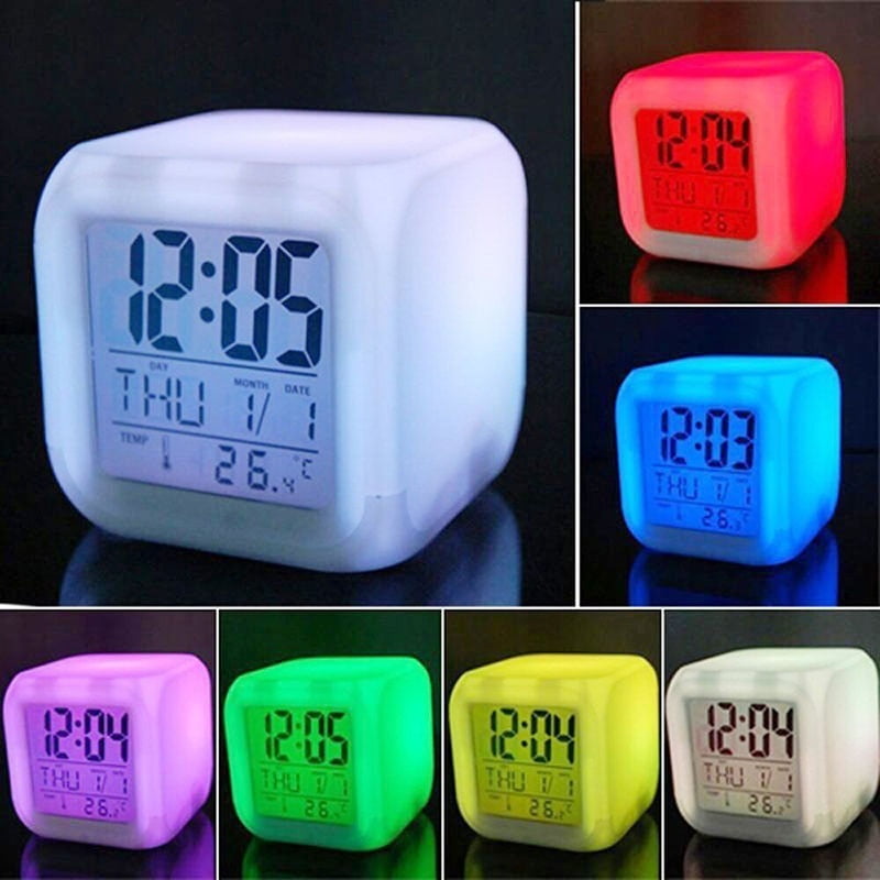 7 LED Color Changing Digital LCD Thermometer Calendar Alarm Clock good new 