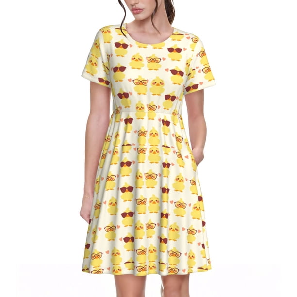 Disketp Cute Yellow Duck para Vestido de Manga Corta para Mujeres, Vestidos de Verano para Mujeres, Casual y Holgado para la Playa