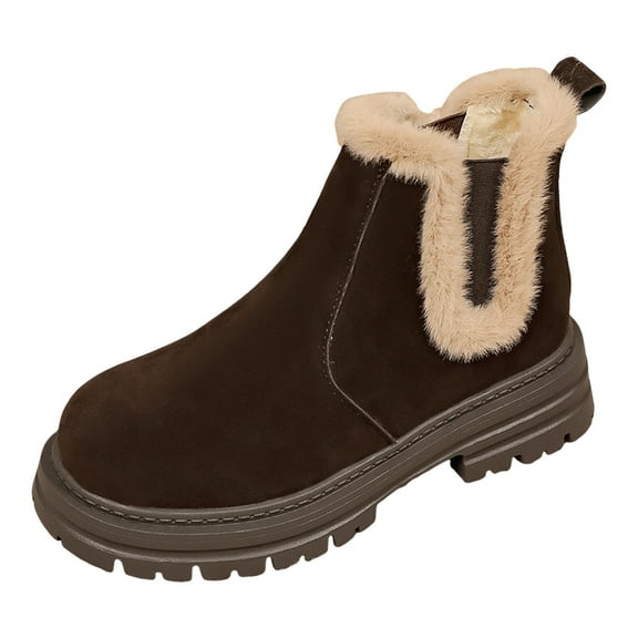 Women's Fluffy Suede Chelsea Boots Plush Casual Platform Mid Calf Winter Boots Lug Sole Non Slip Ankle Snow Booties Brown Size 6