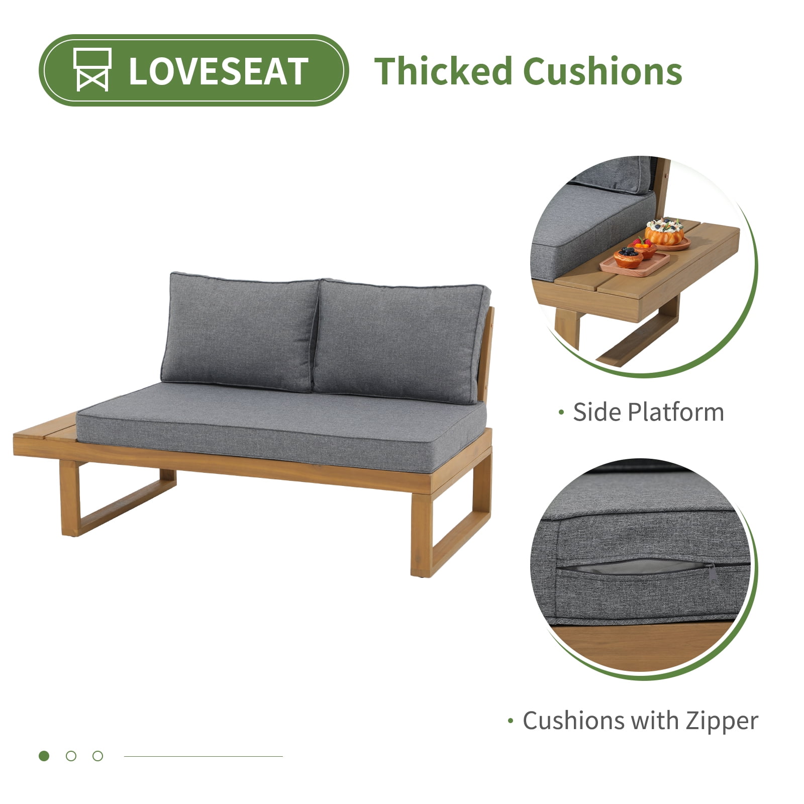 JOIVI Outdoor 4-Piece Acacia Wood Furniture Set, All-Weather Patio Sectional Sofa Set, Rope Lounge Couch with Wood Table, Gray Cushion